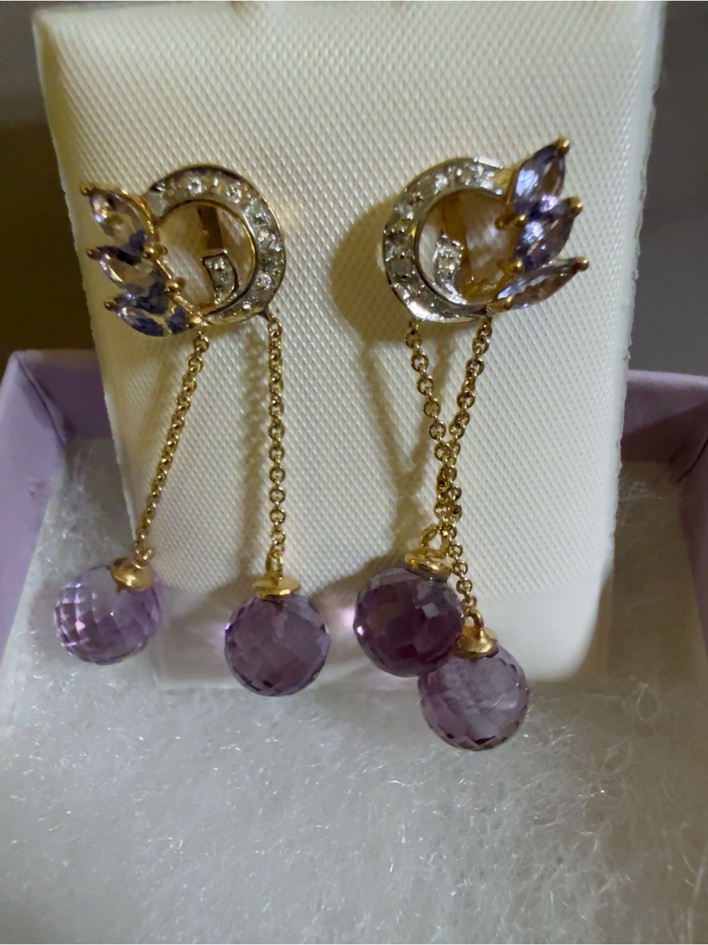 14K Gold Amethyst Tanzanite Diamond Dangle Earrings